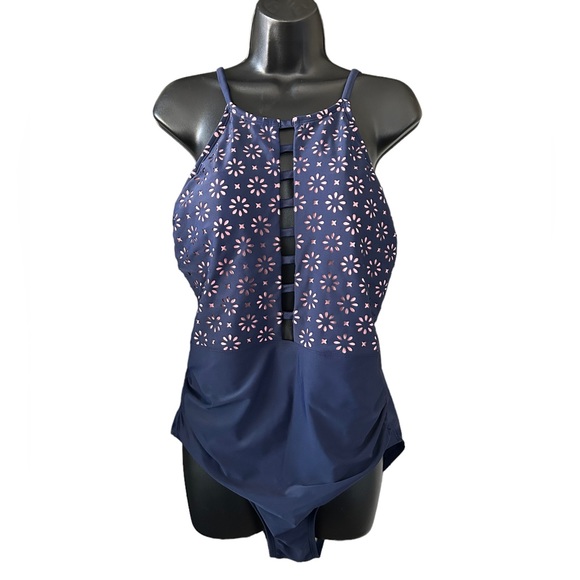 Kona Sol Women's Navy Blue Pink Floral One Piece Swimsuit Size Large - Picture 1 of 11